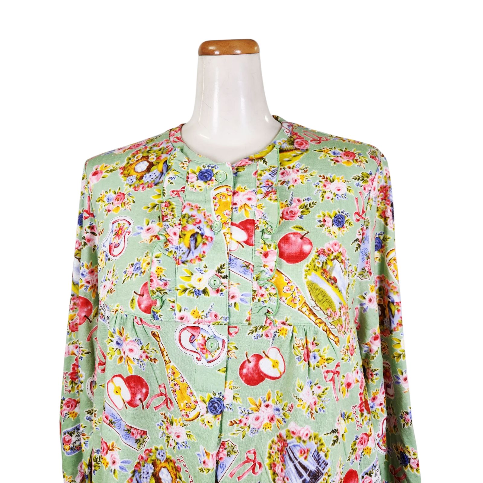 鴨居羊子パジャマ ♥ TUNIC 秋物 長袖半開メローパジャマ 60接結りんご 26406 グリーン色 日本製