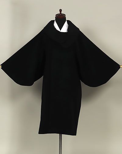 eha3200 カシミヤ混 ロール衿 和装用 ロングコート 黒 ブラック