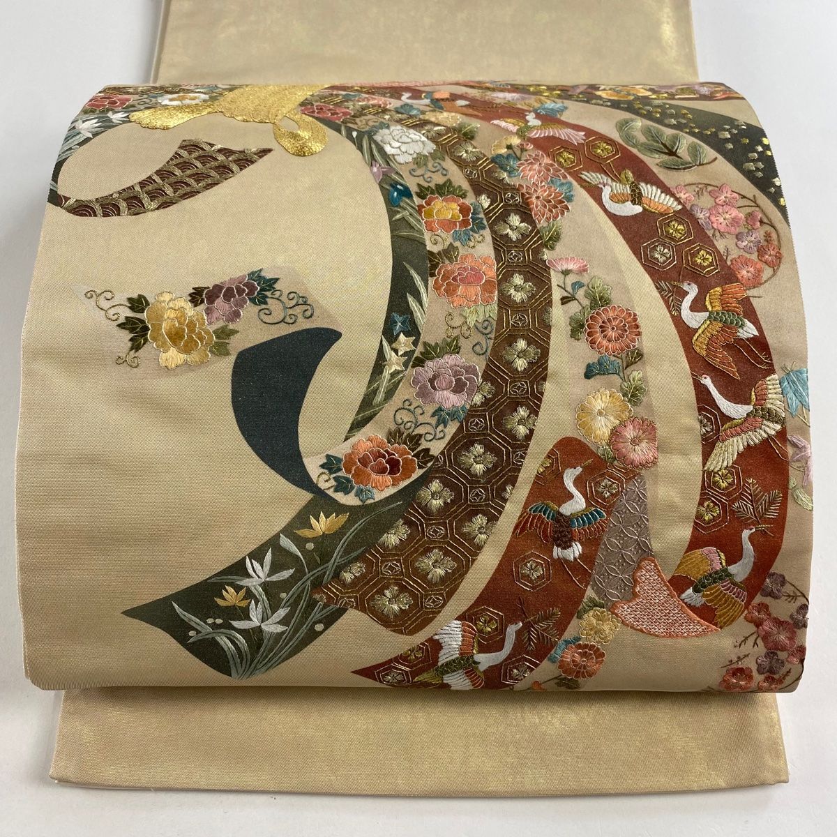 蘇州刺繍 袋帯 大華紋 鳥 唐花文様 金糸 正絹 Q674 袋帯 花唐草模様に花喰い鳥 鴛鴦 刺繍 美しい織模様 金糸 O-4857