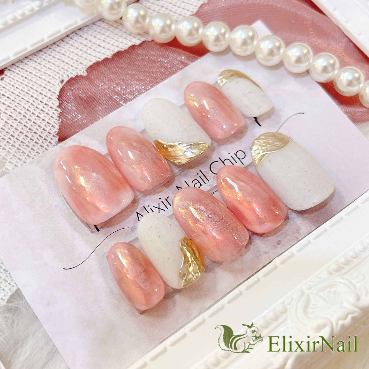 ニュアンスネイル 桃 マーブル ぷっくり 春 ネイルチップ ハンドメイド