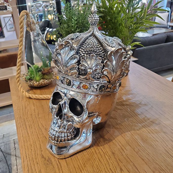 【送料無料】 ラグジュアリー オブジェ 置物 開運 スカル ガイコツ 王冠 存在感 シルバー 雑貨