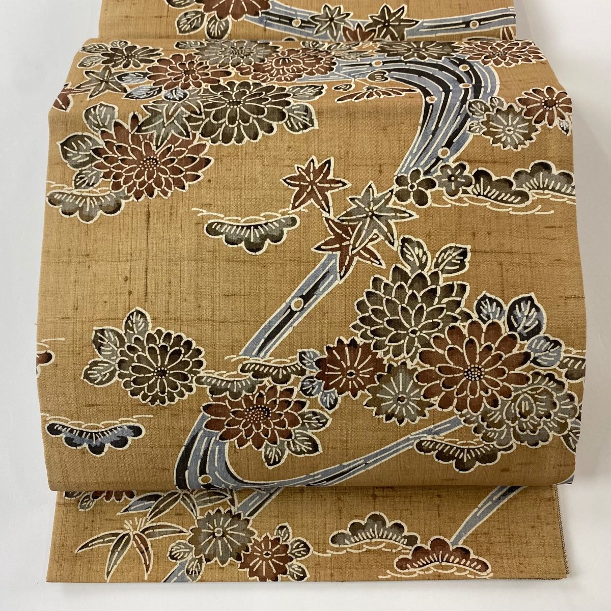 袋帯 秀品 紬地 松竹梅 菊 茶色 全通 正絹