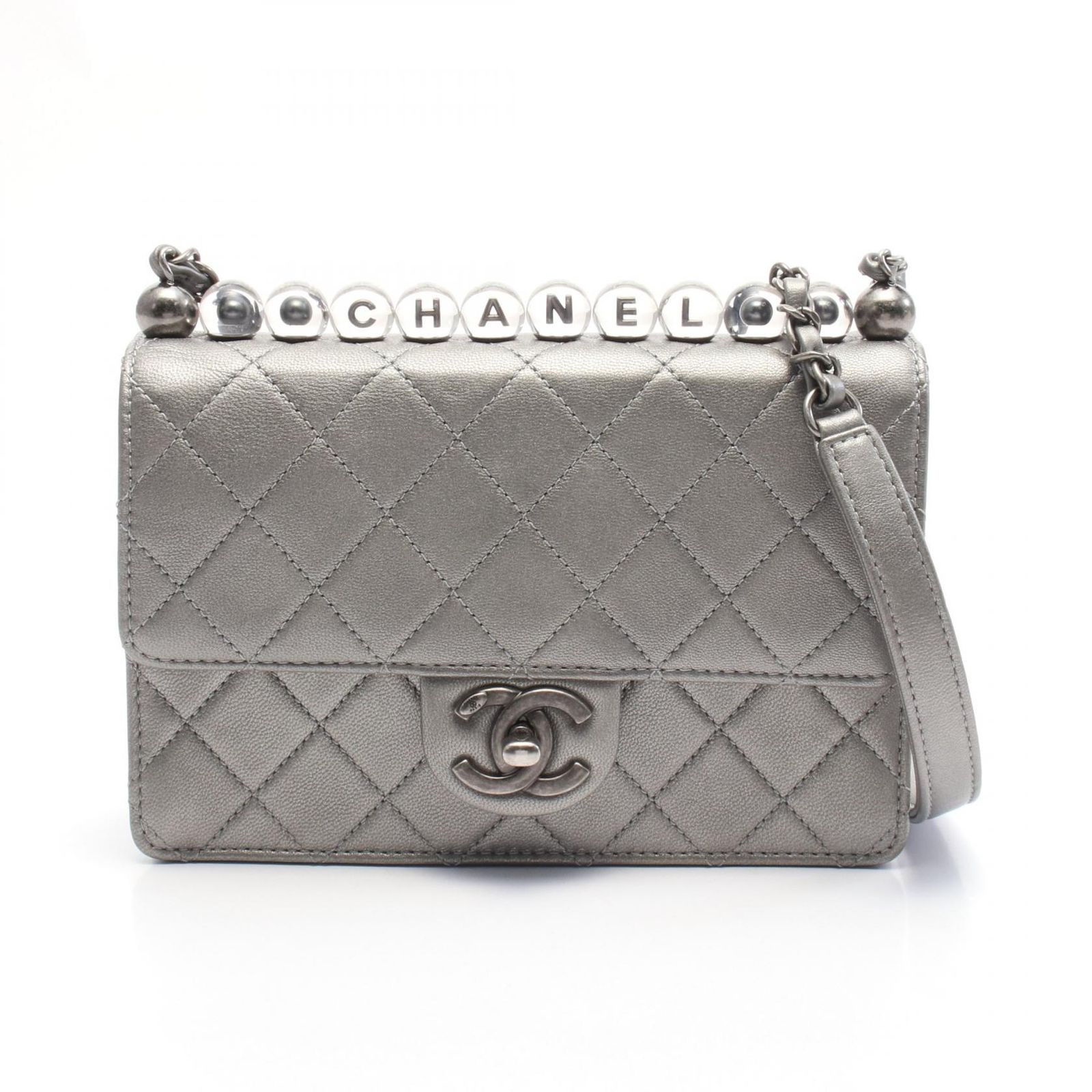 シャネル CHANEL ショルダーバッグ マトラッセ シルバーグレー レザー ミニマトラッセ チェーンショルダー レディース Used A
