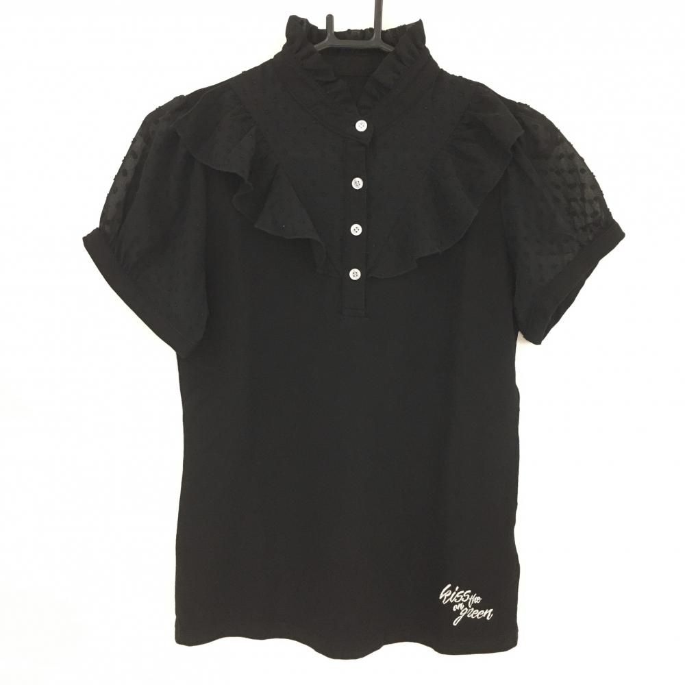 【美品】キスオンザグリーン 半袖ポロシャツ 黒 一部ドット 一部透け感 レディース 2(M) ゴルフウェア kiss on the green