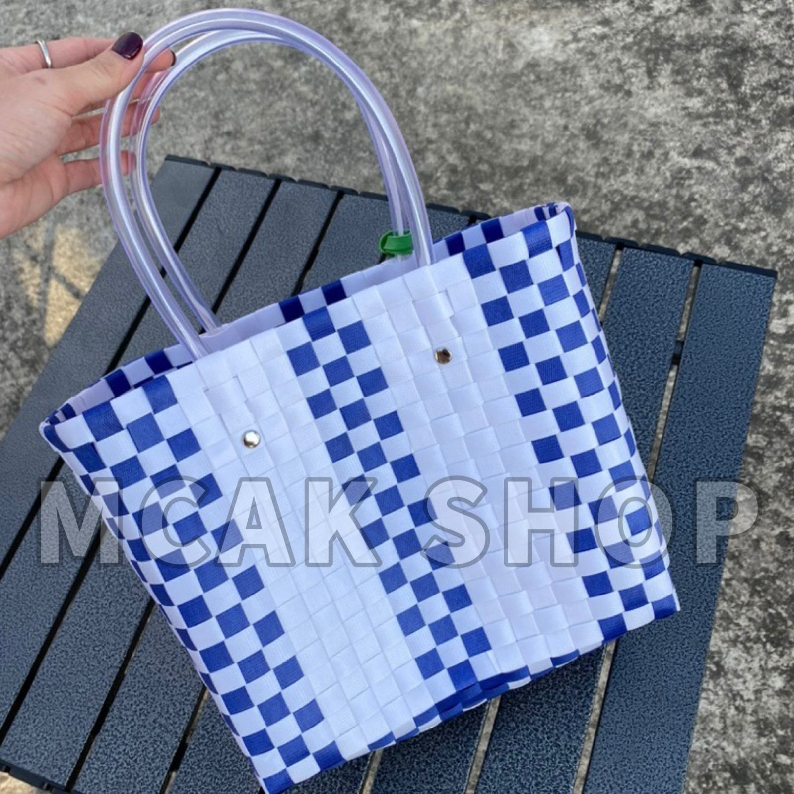 美品 MARNI MARKET マルニマーケット ファッション レディース バッグ ハンドバッグ ピクニックバッグ かごバッグ ブルー×ホワイト