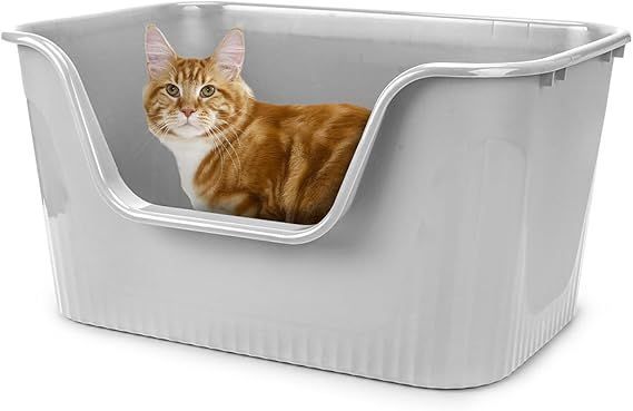 【在庫処分】超大型猫用トイレ オープンタイプ 大きい猫 多猫 本体 簡単掃除 清潔 飛散防止 一体成形 幅64×奥45×高33cm（グレー）