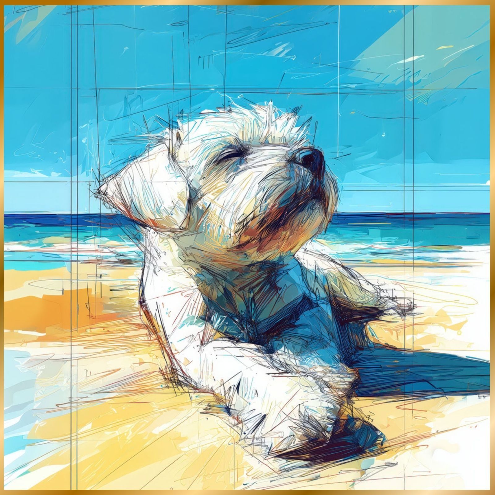 マルチーズ犬とビーチのスケッチ No.2 海 犬の絵 犬のイラスト おしゃれ ミニマリスト ミニマリズム シンプル インテリアアート ペットロス うちの子 記念日 アートポスター ギフト プレゼント