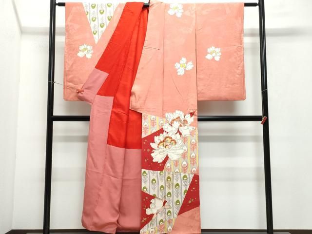 平和屋着物 アンティーク 大正ロマン 駒刺繍 孔雀羽牡丹文 金彩 正絹 CAAX0993vf