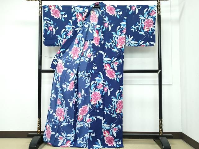 平和屋着物 上 夏物 撫松庵 小紋 浴衣兼用 セオアルファ ざくろ 青褐色地 洗える着物 ♥ CZAA3712s5