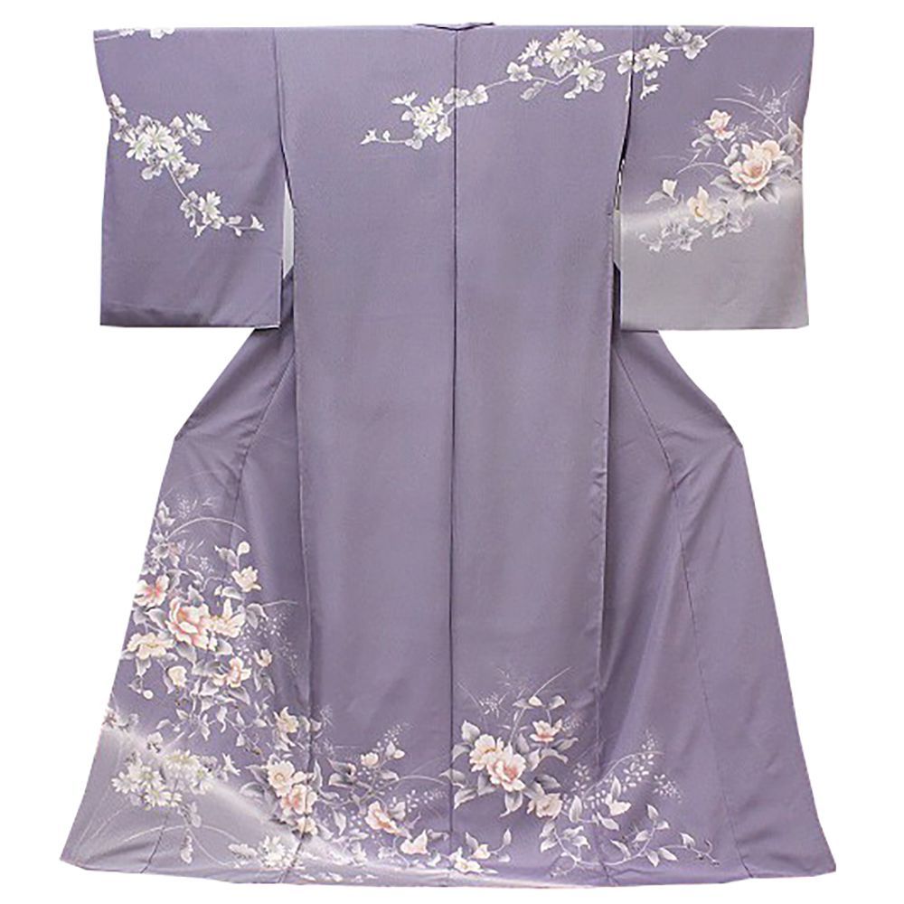 訪問着 吉澤友禅 十日町友禅 正絹 灰藤色 椿 菊 縞 極上の手描友禅 本