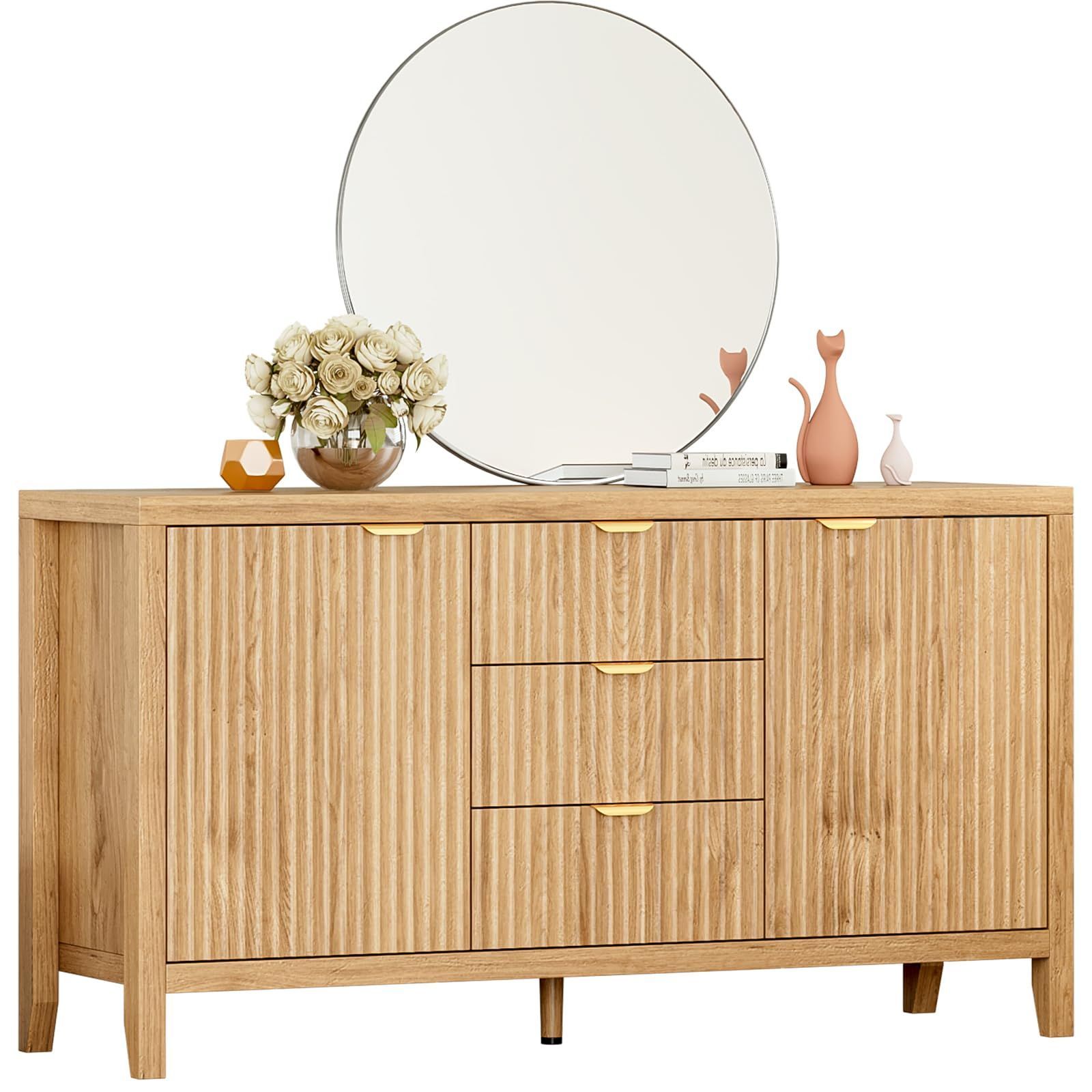 棚付き 高さ調整 サイドボード 取っ手付き チェスト リビング キッチン収納 扉付き おしゃれ 収納棚 118×38×76cm 収納キャビネット ライトブラウン 幅118cm 木製