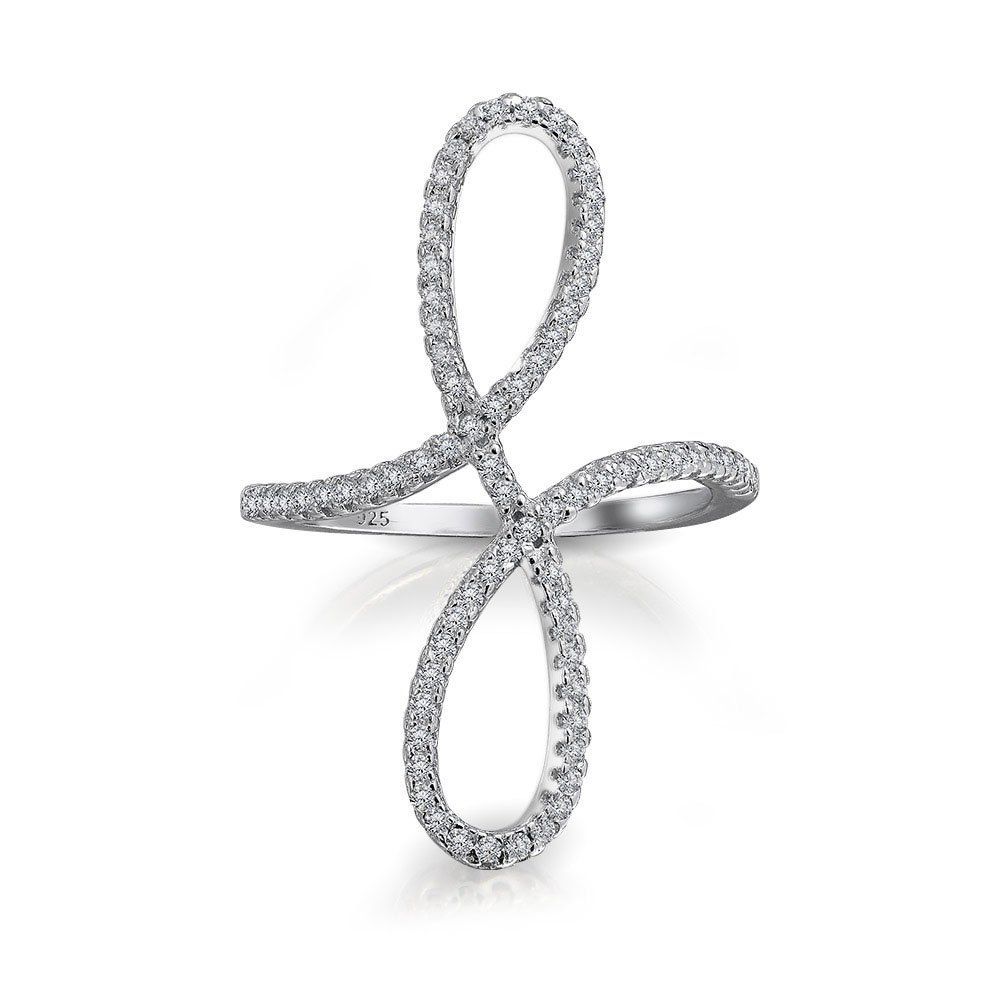 【新着商品】Jewelry] [Bling シンプルでロマンチックな大きなパヴェキュービックジルコニアエレガントな完全な指の鎧CZステートメントスワール無限リング女性Teen.925スターリングシルバーの