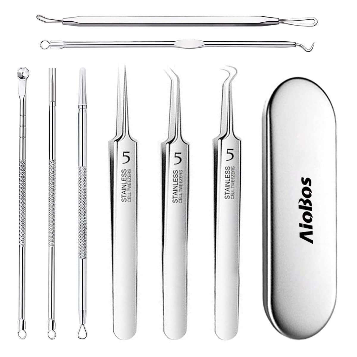 AioBos角栓ピンセット 8本 角栓取り 精密ピンセット 先端の幅は<0.05mm ニキビ取り サロン専用黒ずみ取り 収納ケース