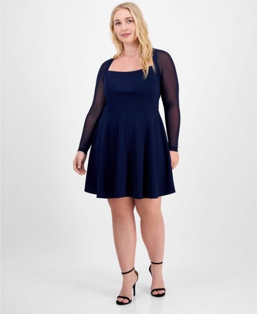 送料無料 シティー スタジオ レディース ワンピース トップス Trendy Plus Size Square-Neck Back-Cutout Dress Navy