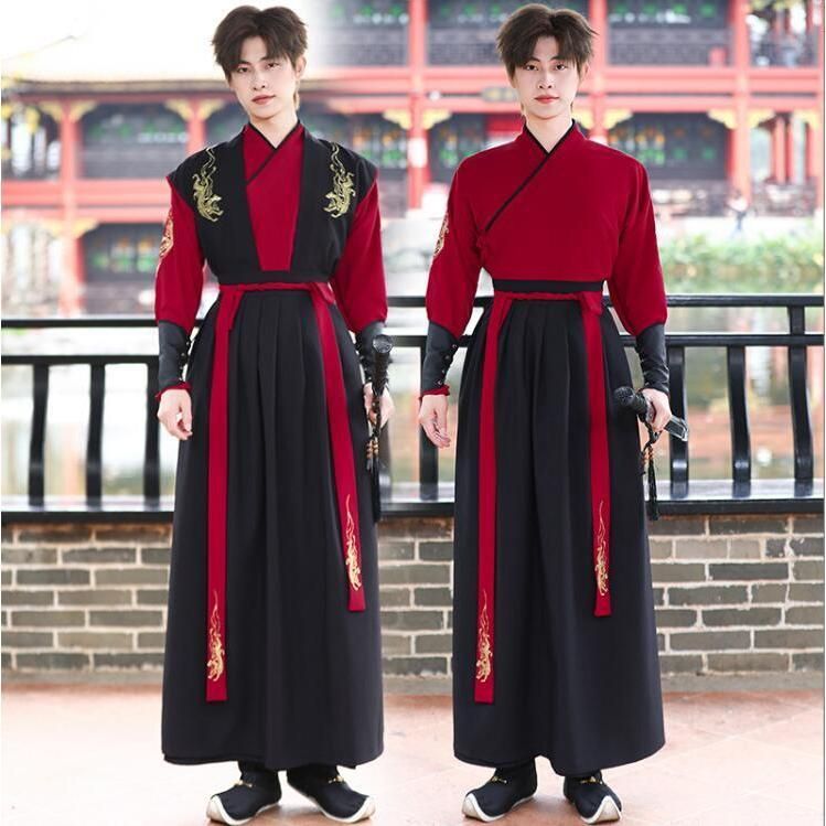 華流コスプレ衣装 メンズ漢服 中国古代服装 明朝 侠客 禁衛軍 剣士 コスチューム 刺しゅう交差襟 ブラウス 巻きスカートセット着脱やすい