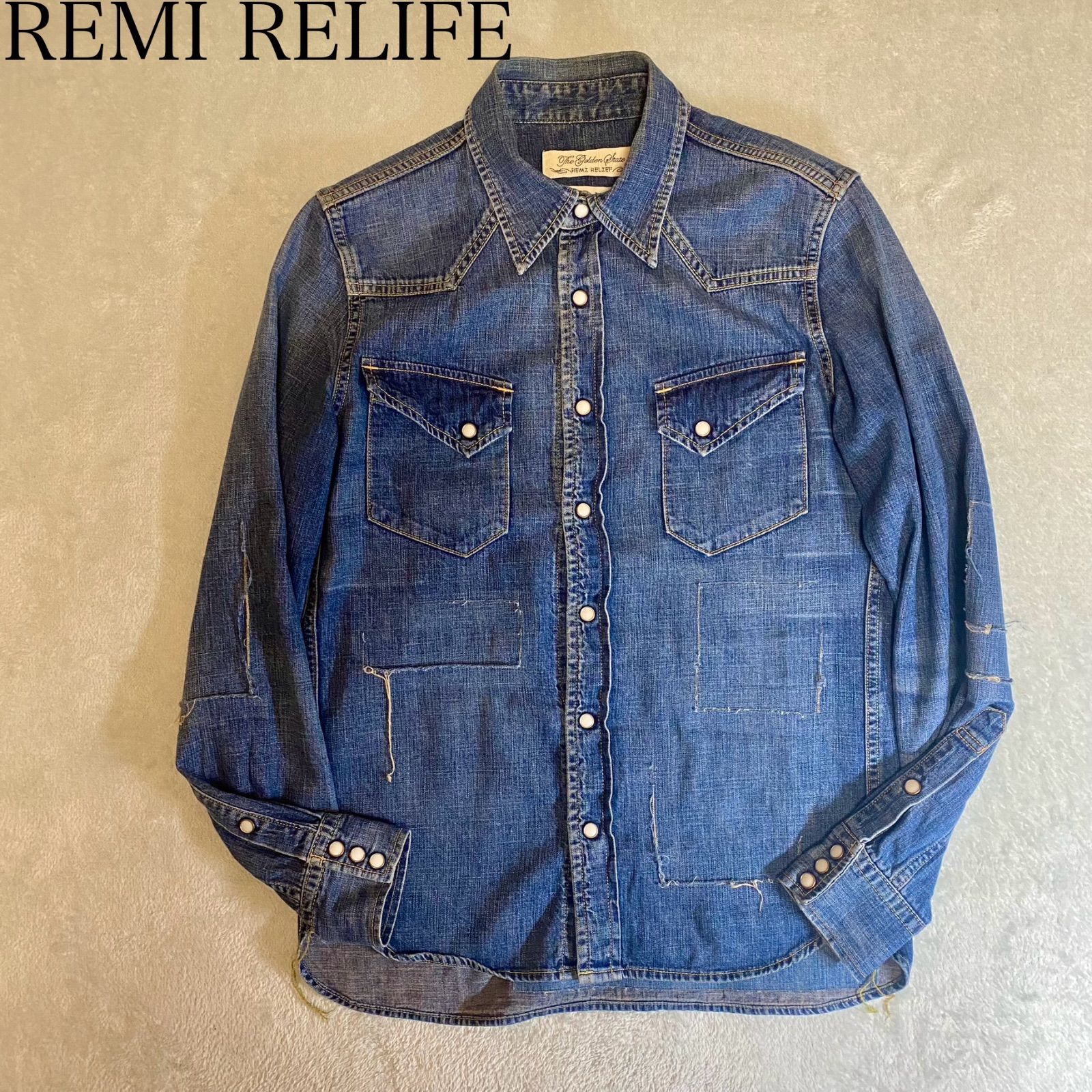 REMI RELIEF スタッズ入りヴィンテージダメージ加工　ウェスタンシャツ REMI RELIEF】レミレリーフ リペア加工 星条旗 スタッズ