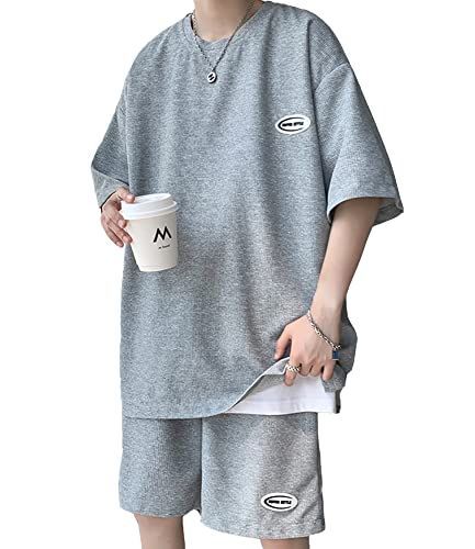 Size L_Color 1031 グレー Poperdision 夏服 メンズ Tシャツ 半袖 上下 セット 大きいサイズ ゆったり おしゃれ ジャージ 上下 スウェット 服 トップス ハーフパンツ ショート パンツ アップ 無地 快適 スポーツウェア