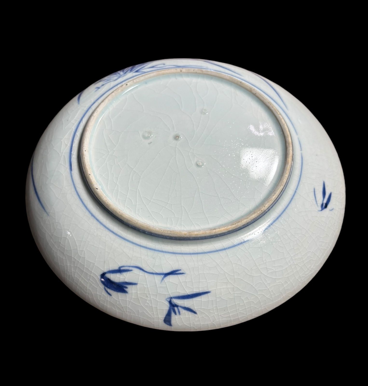 古染付大皿。蕉葉花鳥文。天保染付。江戸時代。美品。古美術。骨董品。舊家藏出。 imgrc0100905310.jpg
