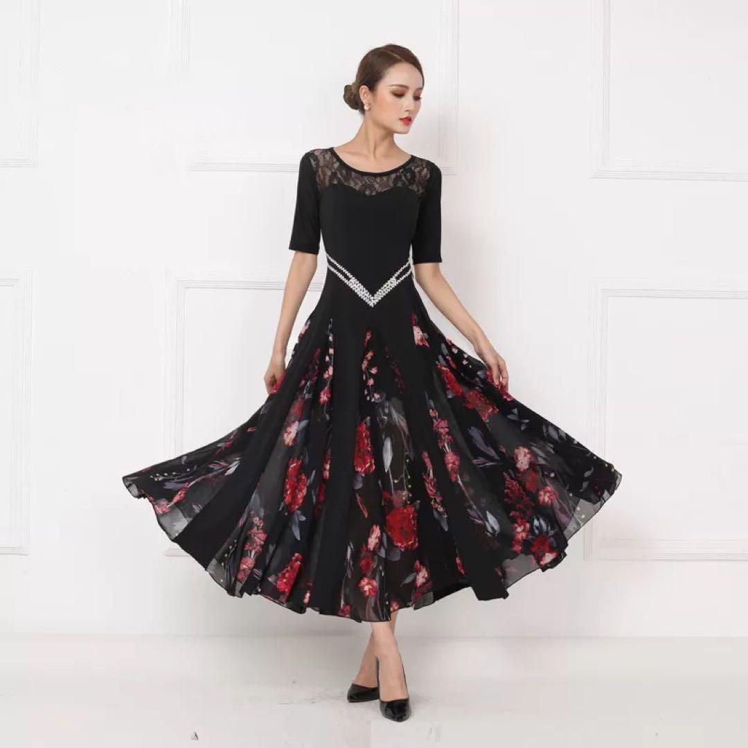 ♥ 練習着からダンスパーティーまで 花柄スタンダードワンピース ストーン付き