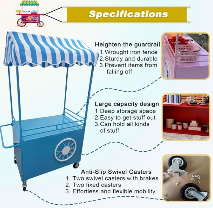 達成感 屋台ブース ナイトマーケットカート ストライプキャノピー付きポータブルモバイルダイニングローリング販売カート 鉄製フレームディスプレイスタンドベンダーストール Pink 140x60x190cm 55x24x75in