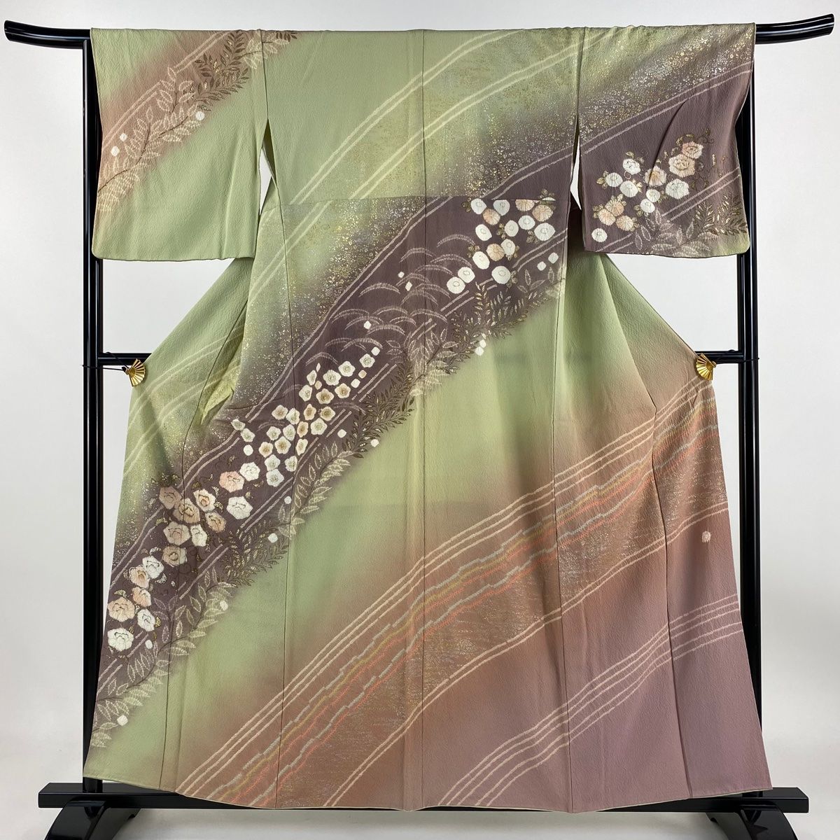 訪問着 身丈157cm 裄丈65.5cm M 袷 滝泰 落款 花唐草 斜縞 金銀