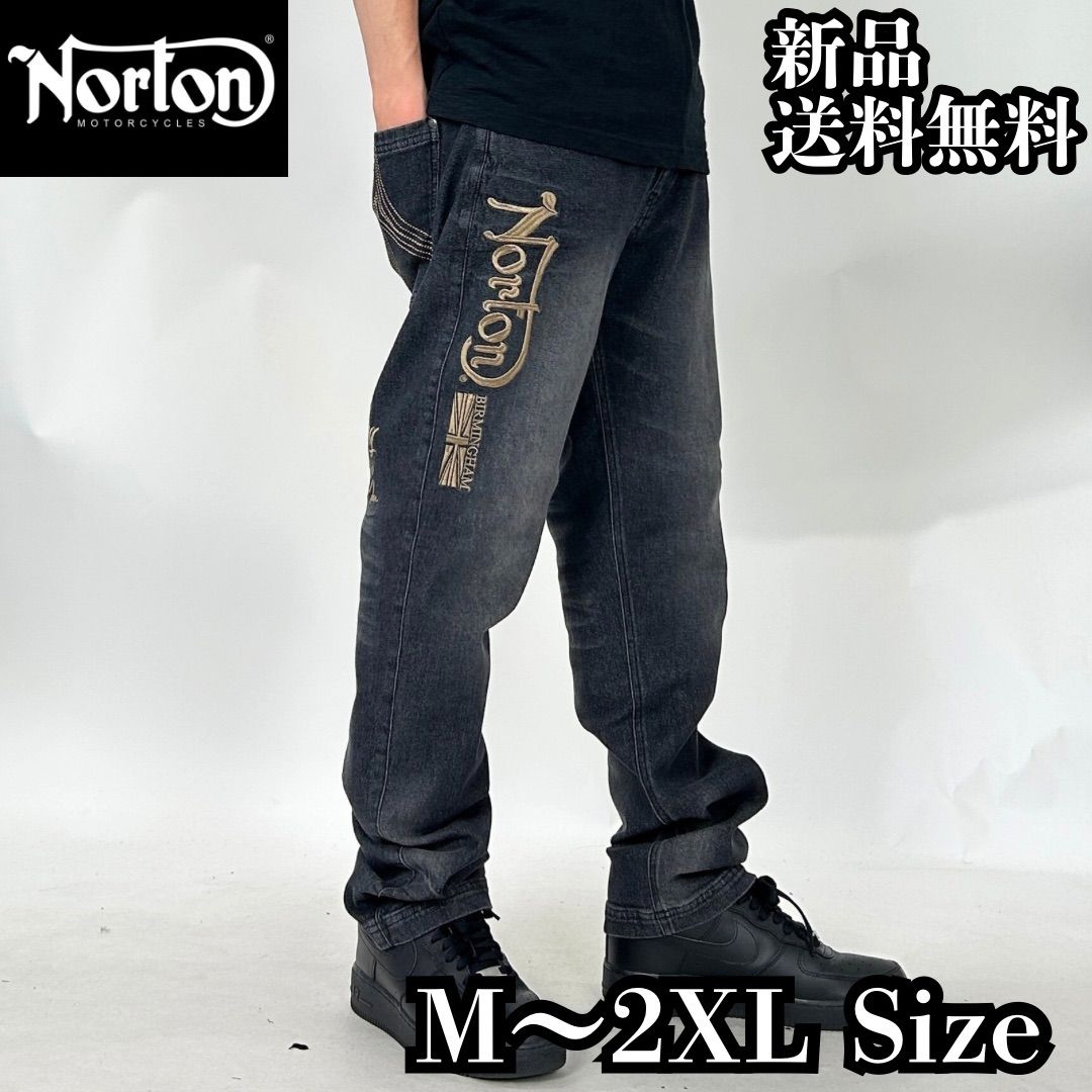 Norton|ノートン ストレッチエンブレムウイング デニムパンツ ジーンズ バイク バイカー ツーリング アメカジ ユニセックス 刺繍 252N1805 ブラック
