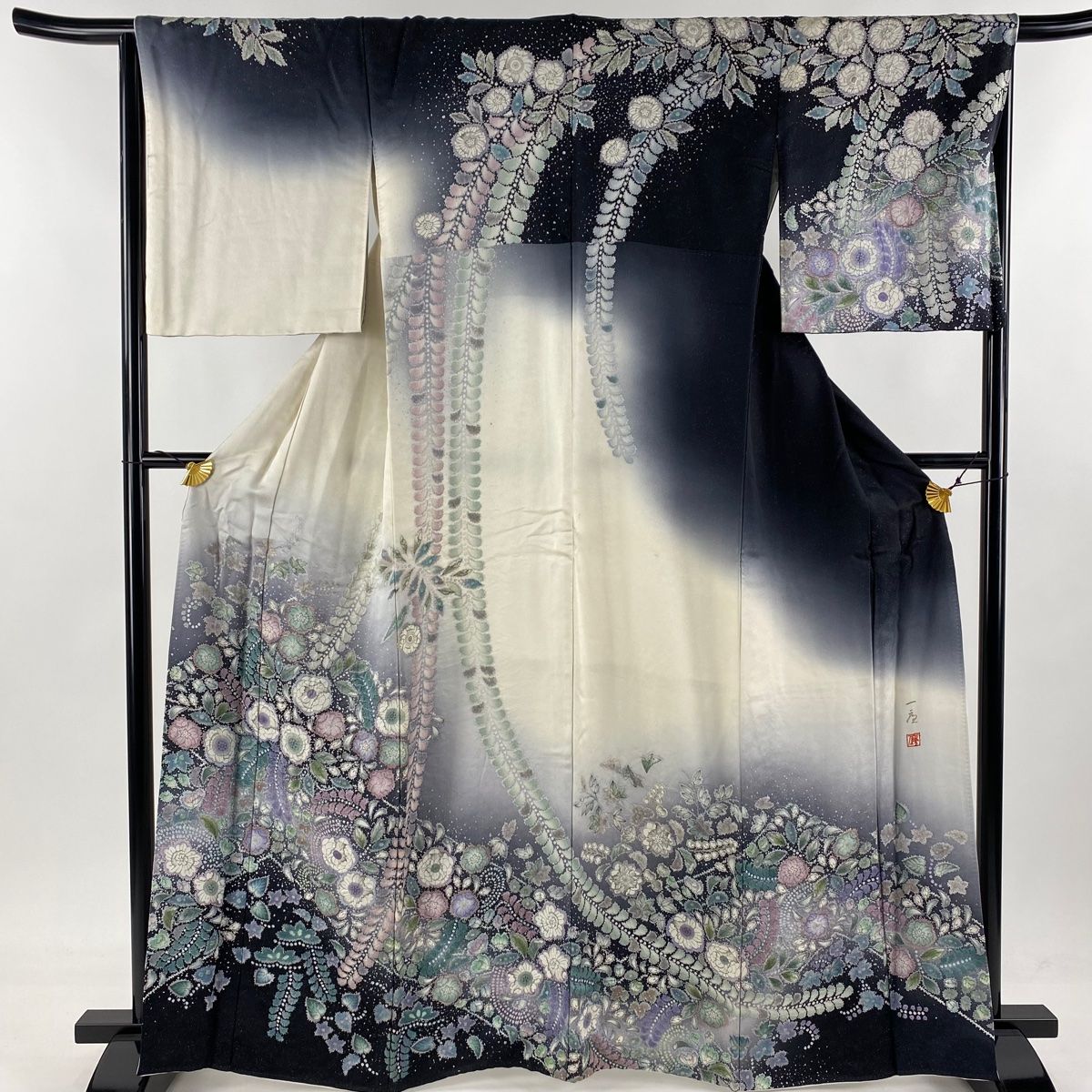 訪問着 身丈164cm 裄丈64.5cm M 袷 吉乃一廉 落款 辻が花 銀通し 染め分け 黒 正絹