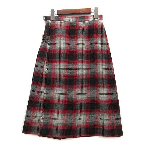 キース KEITH ウール チェック サイドプリーツ ラップ スカート レッド 