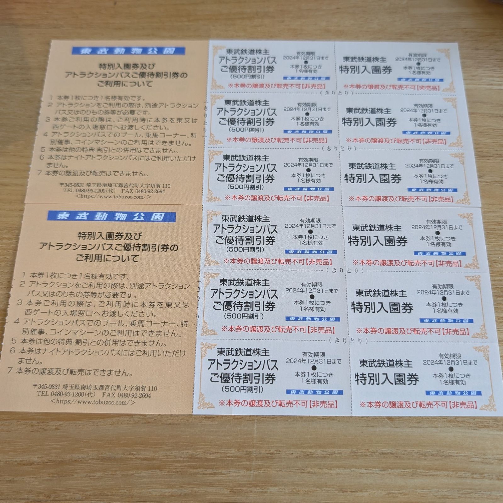 東武動物公園 特別入園券6枚 アトラクションパス 500円割引券6枚 東武動物公園 株主優待券(特別入園券、アトラクションパス割引券）各6枚