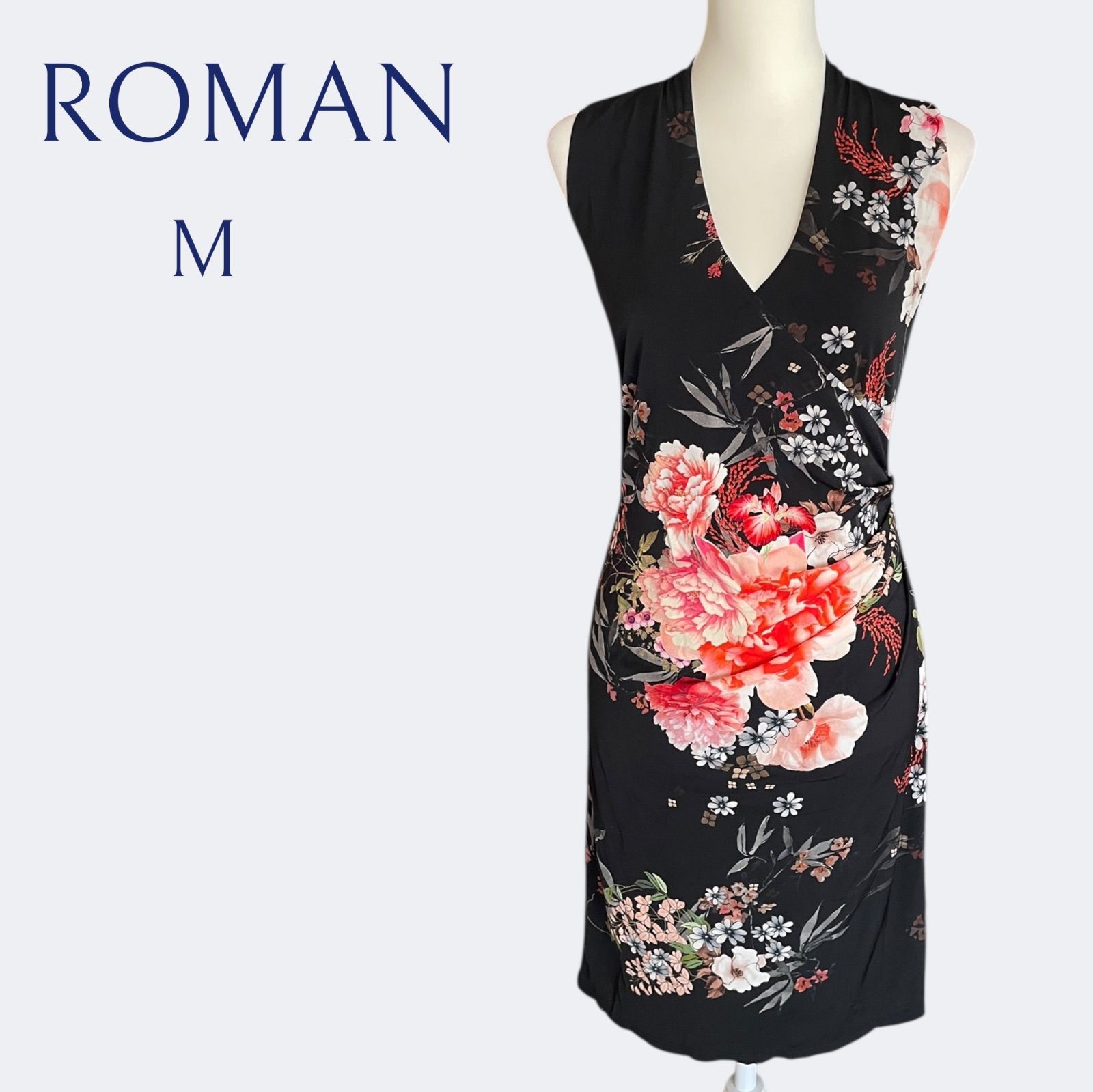 ◆ROMANローマン 大胆レッド花柄ブラックタイトドレープのカシュクールワンピース M UK8