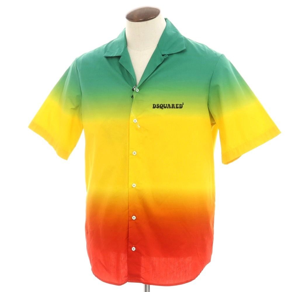 【新品】ディースクエアード DSQUARED2 コットン オープンカラー 半袖シャツ グリーンxイエロー【サイズ48】【メンズ】