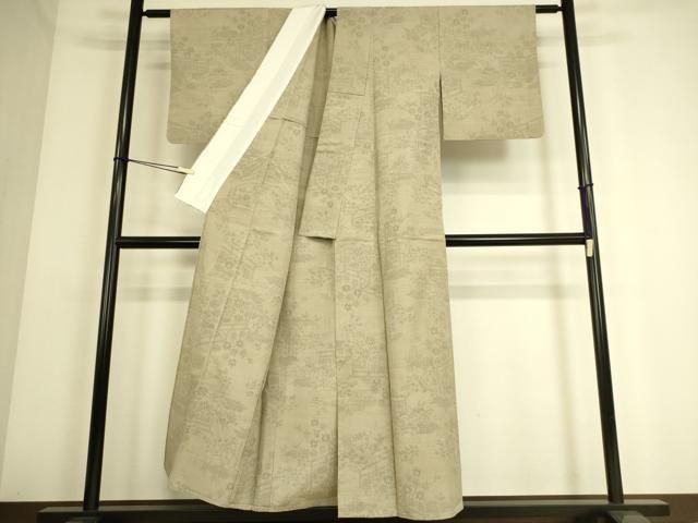 平和屋着物▽結城紬　単衣　80亀甲　風景文　正絹　逸品　CAAV3876dy 平和屋着物▽結城紬 単衣 80亀甲 風景文 正絹 逸品 CAAV3876dy