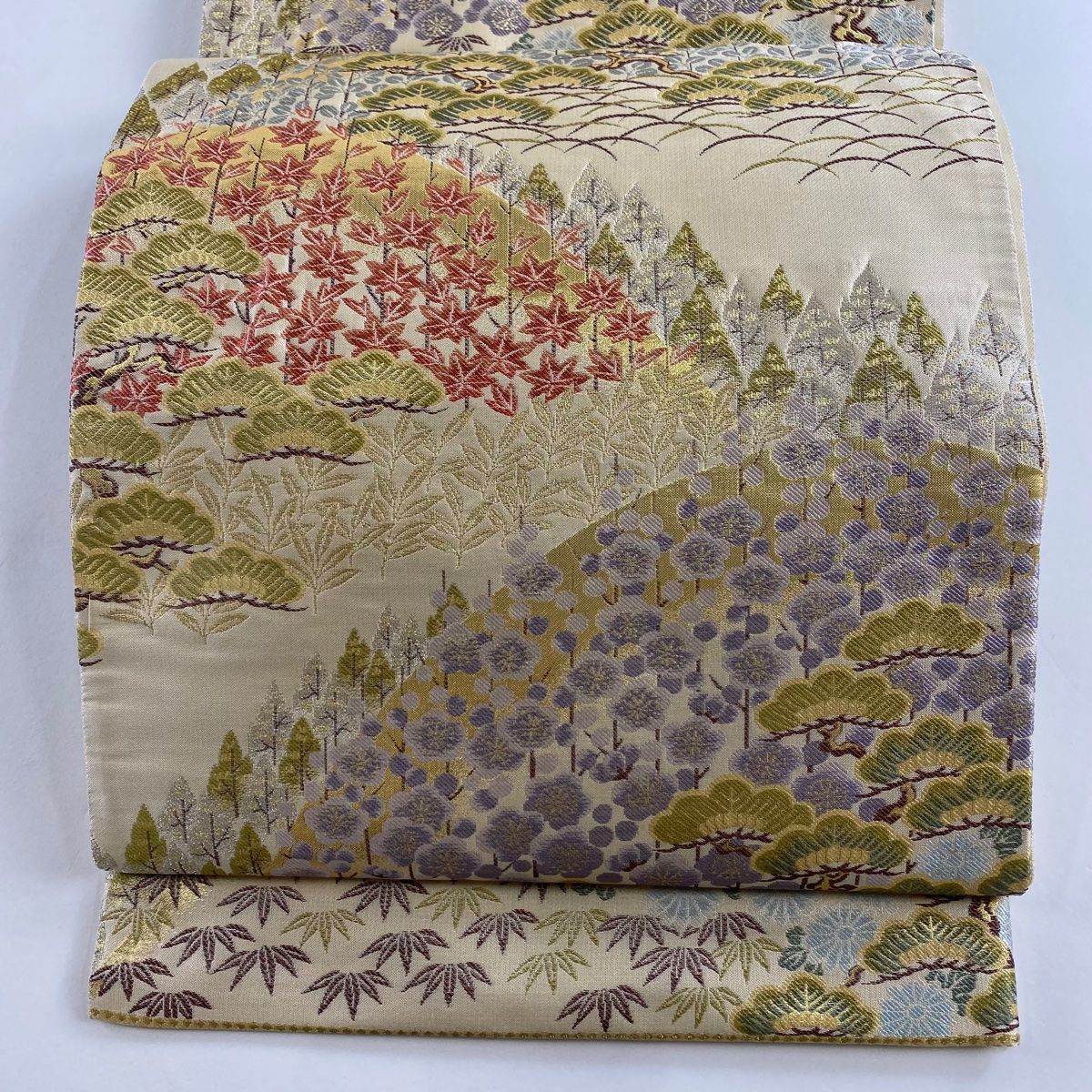 袋帯 秀品 本金紹巴 樹木 松竹梅 金銀糸 箔 ベージュ 六通 正絹