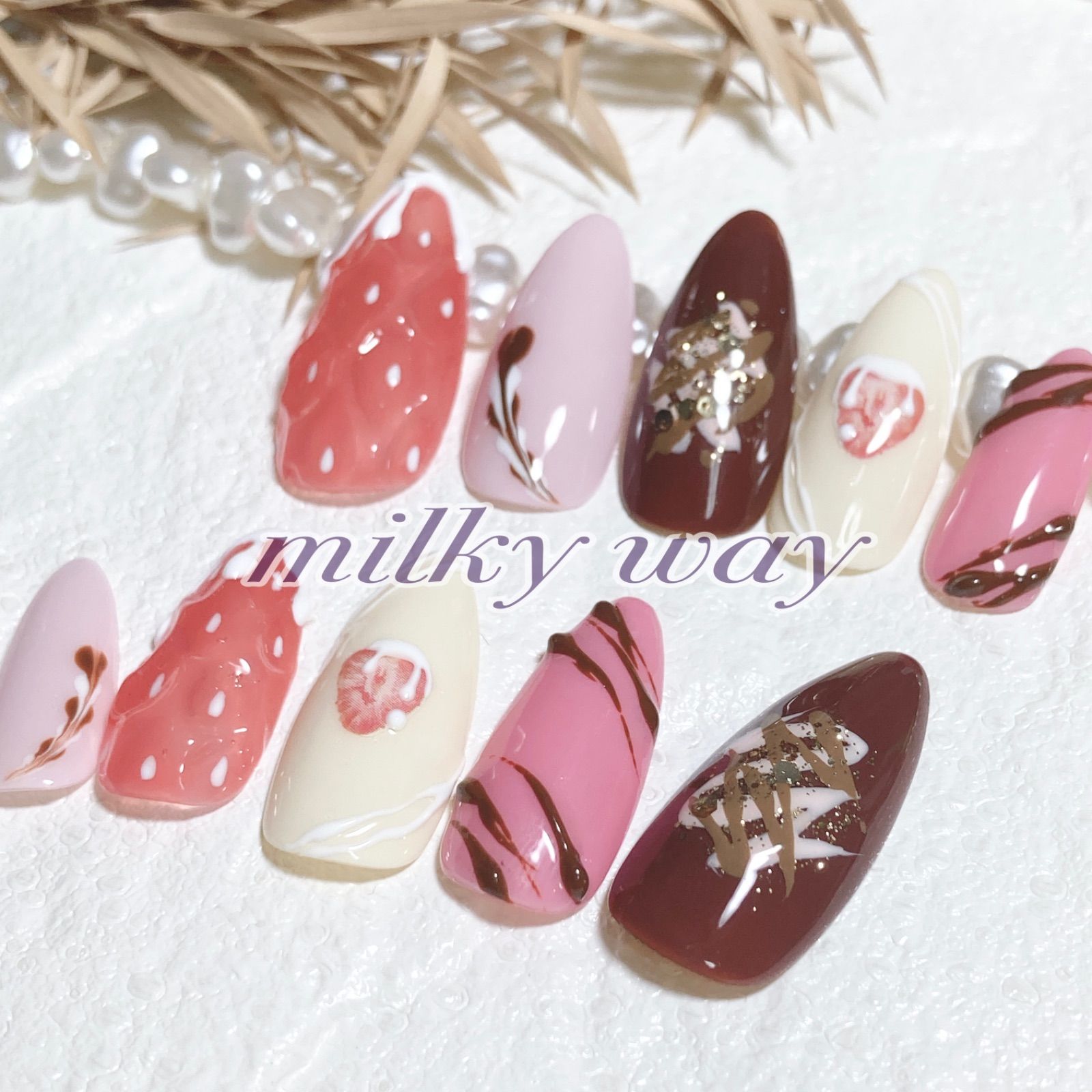 No.163 バレンタインネイル ❁︎ 苺ネイル ❁︎ チョコネイル - メルカリ