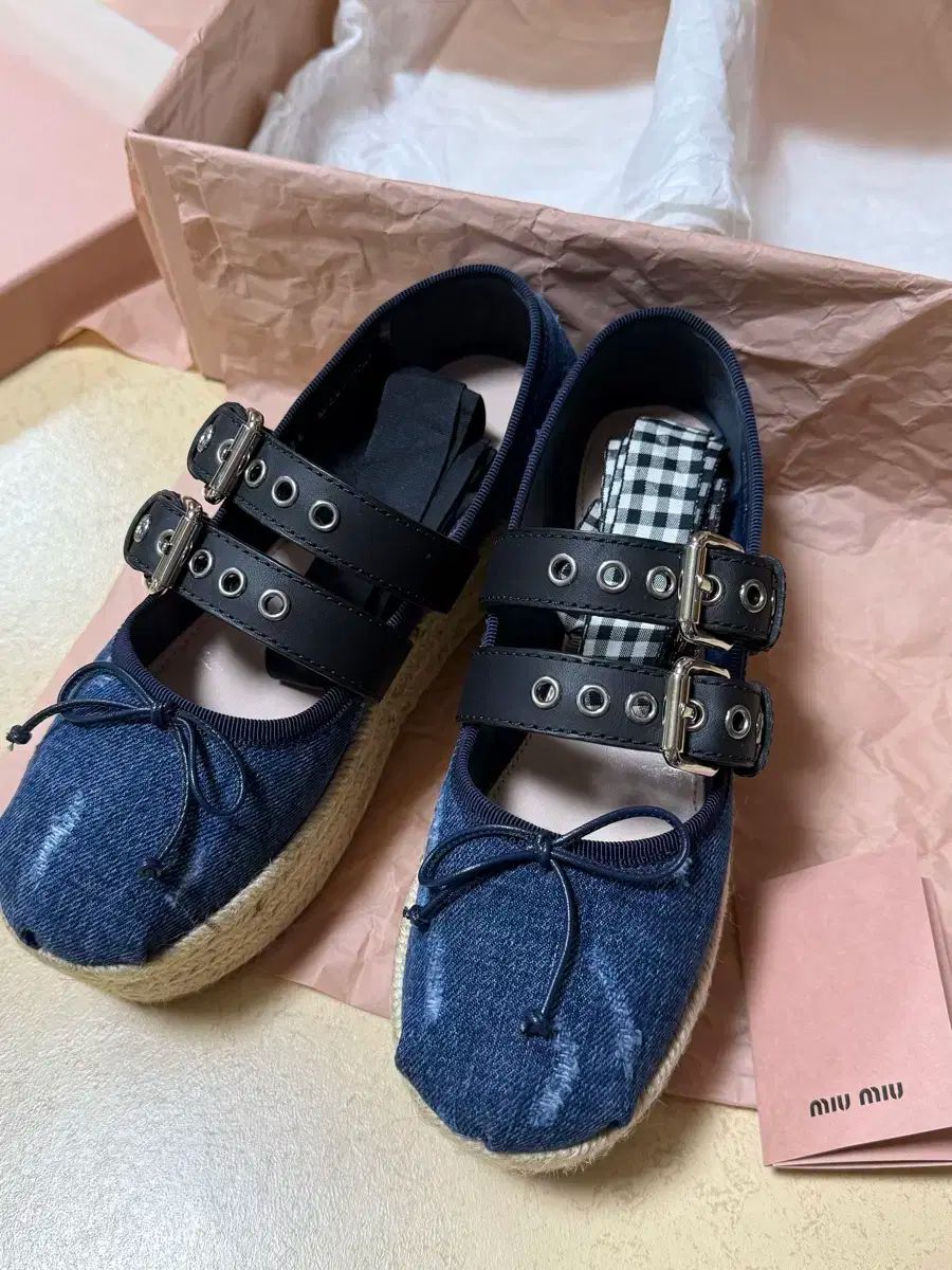 miumiu ミュウミュウ　デニム シューズ　バレーシューズ　リボン　37.5 MIU MIU ミュウミュウ fume レースアップ レザー Shoes シューズ