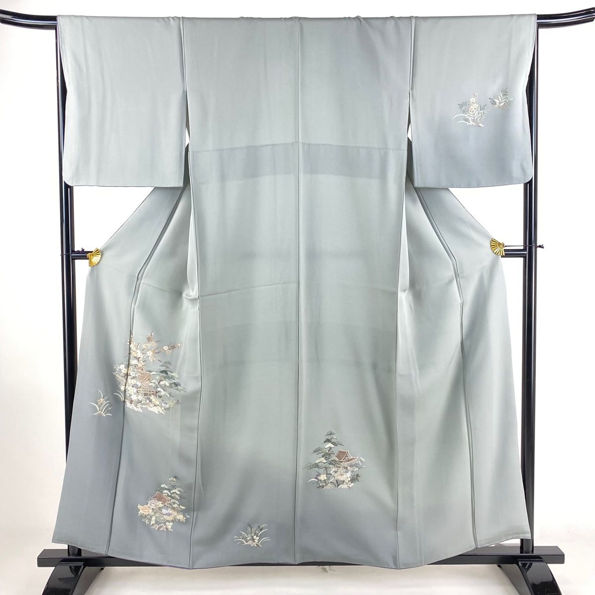 付下げ 身丈158cm 裄丈67cm M 袷 建物 枝梅 刺繍 金糸 青灰色 付下げ 身丈158cm 裄丈67cm M 袷 建物 枝梅 刺繍 金糸 青灰色