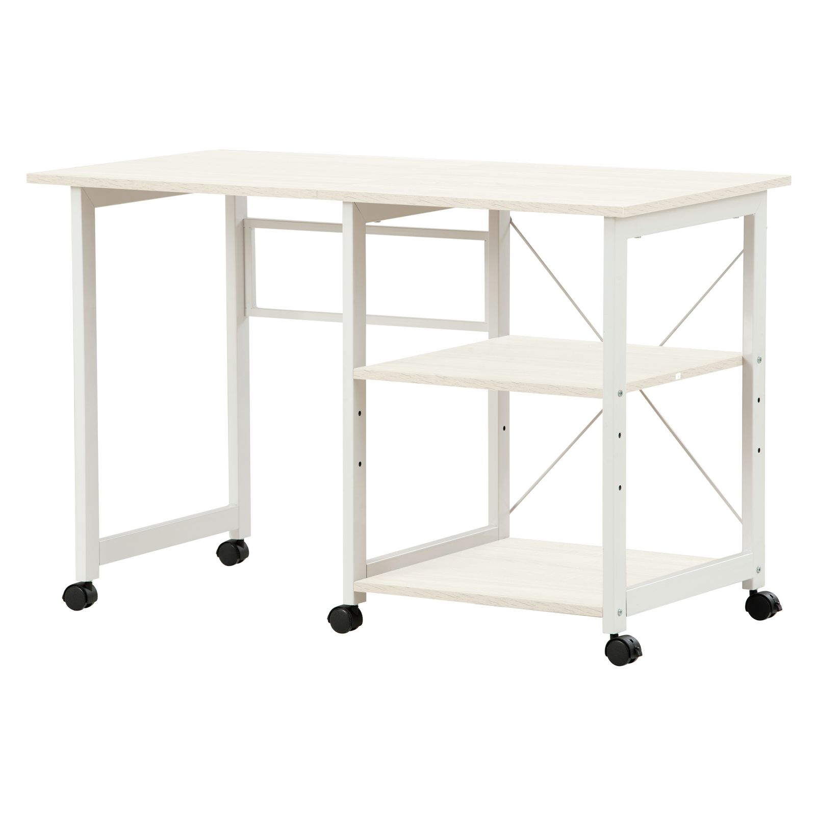 パソコンデスク 簡易デスク学習デスク 3段収納ラック キャスター付き【ホワイト】 パソコンデスク 簡易デスク学習デスク 3段収納ラック キャスター