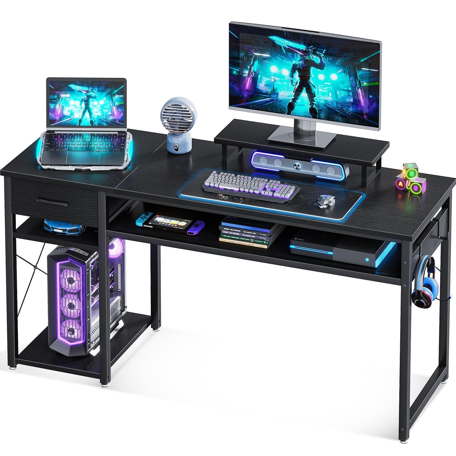 ゲーミングデスク 140cm 布製引き出し付き ラック付き モニター台付き パソコンデスク 電源タップ収納 フック付き デスク 左右入れ替え対応 KKL ブラック