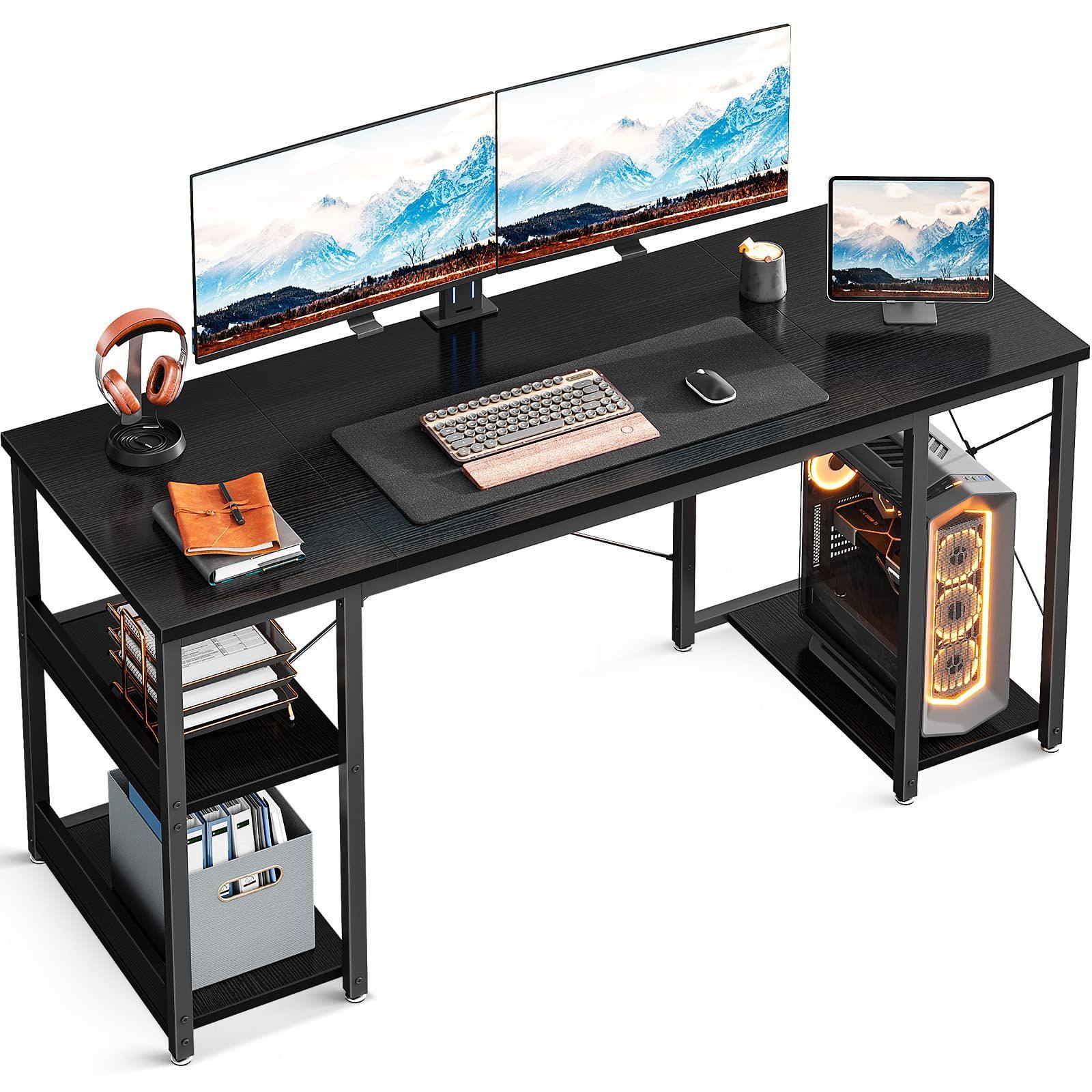 ODK パソコンデスク ゲーミングデスク 机 pcデスク 幅140cm ラック付きデスク CPUシェルフ付き desk 子  ワークデスク ゲームデスク 長机 おしゃれ 一人暮らし ブラック