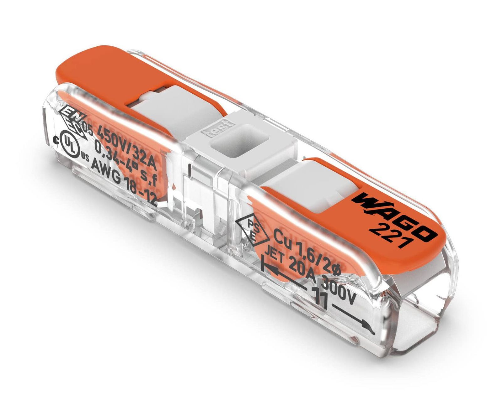 221-2401 | WAGO Lever-Nuts® インラインスプライシングコネクター | ソリッドコンダクターおよびより線コンダクター用 | 操作レバー付き2コンダクター | 20-12AWG | 透明ハウジング | ホワイトカバー | [60個ボック