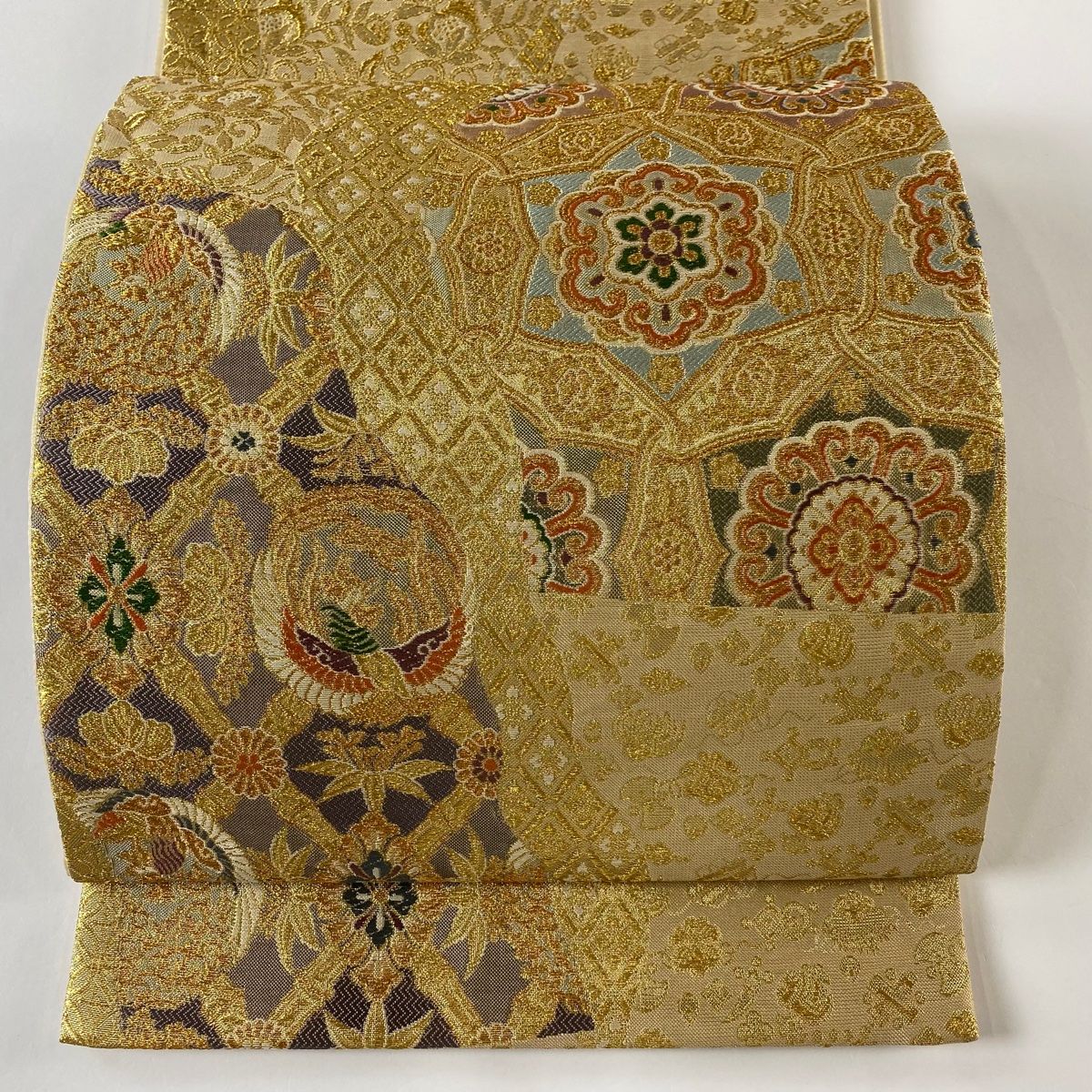 袋帯 美品 逸品 華文 刺繍 箔 濃紫 六通 正絹 【中古】（袋帯 美