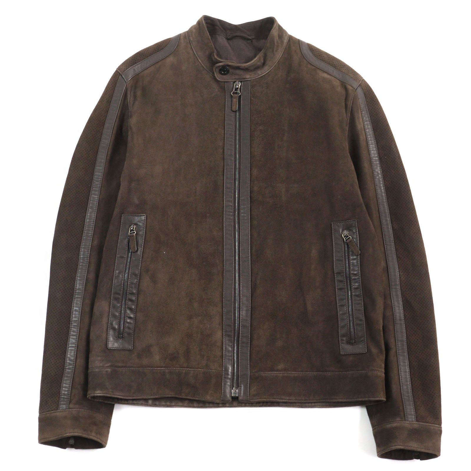 【ドンドン見直し】良品Dunhill ダンヒル ゴートスキン ロゴボタン スタンドカラー パンチングアームライン スウェードレザージャケット ブラウン XS イタリア製 正規品 メンズ