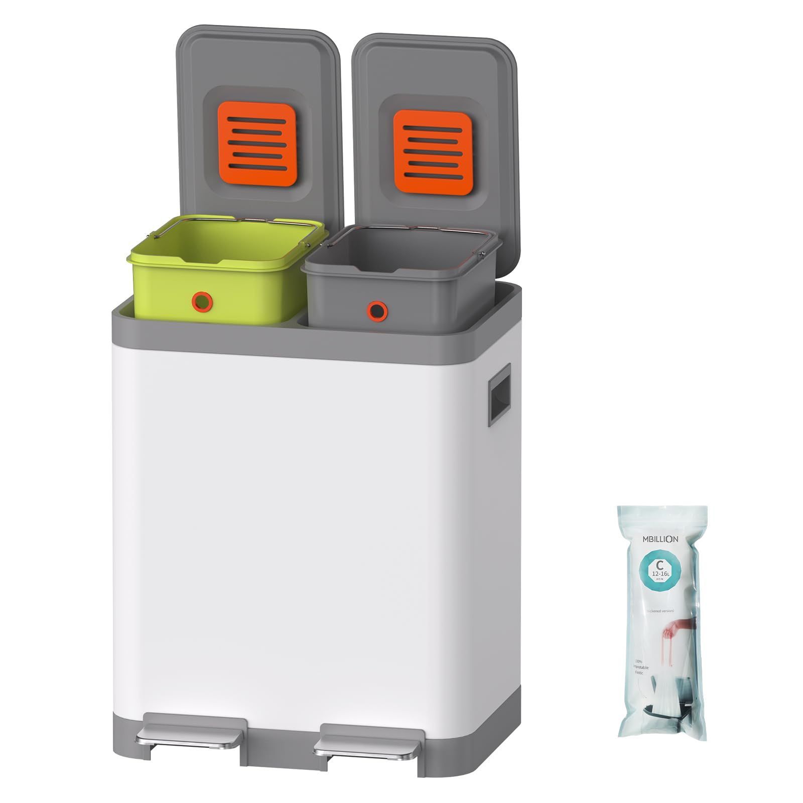 2×15L ダストボックス 大容量 消臭 長方形 ゴミ箱 生ごみ ゴミ箱 ゴミ箱 キッチン インナーバケット2つ ペダル式 密閉 ステンレス 音無し ごみ箱 室内 おしゃれ オフィス 2段 ベランダ 分別 白 フタ付きゴミ箱 15 15L