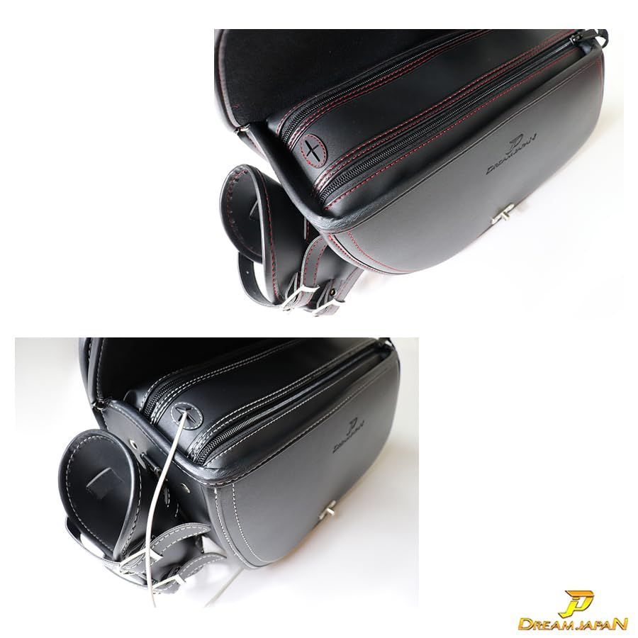 サイドバッグ 大容量14L バイク 防水 ドリンクホルダー レインカバー 簡易ロック付き 配線穴あり 左側 ドラッグスター スポーツスター ビラーゴ ソフテイル マグナ シャドウ スティード TW SR ホワイトステッチ