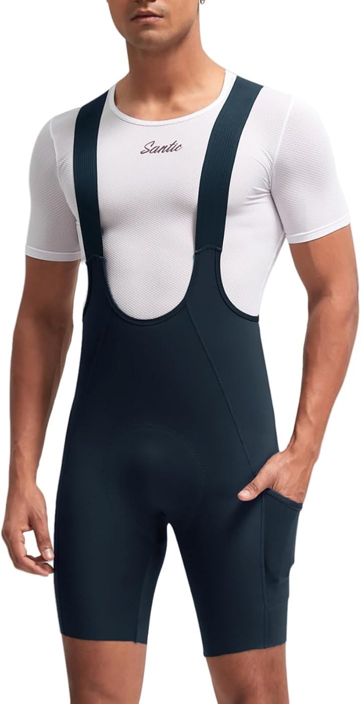 Santic サンティック メンズ サイクルパンツ サイクリングビブパンツ ビブショーツ レーサーパンツ 春夏 吸汗 速乾 弾力 パッド付き ポケット ロードバイク 自転車 ネイビー XL