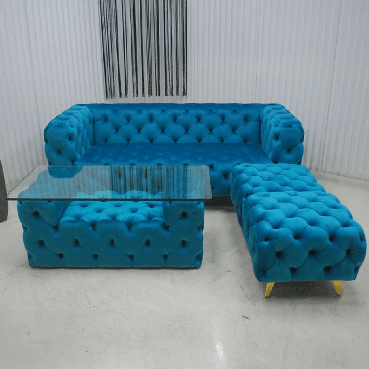 【激安大特価！】 アウトレット 一部送料無料 現品限り ラグジュアリー3Pソファー4点セット ブルー ガラステーブル 強化ガラス オットマン2個付き 和風の