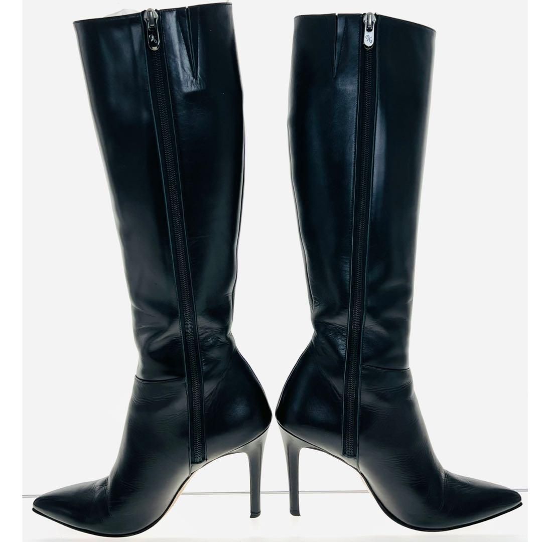 美品 銀座かねまつ レザーロングブーツ ブラック 超美品 銀座かねまつ