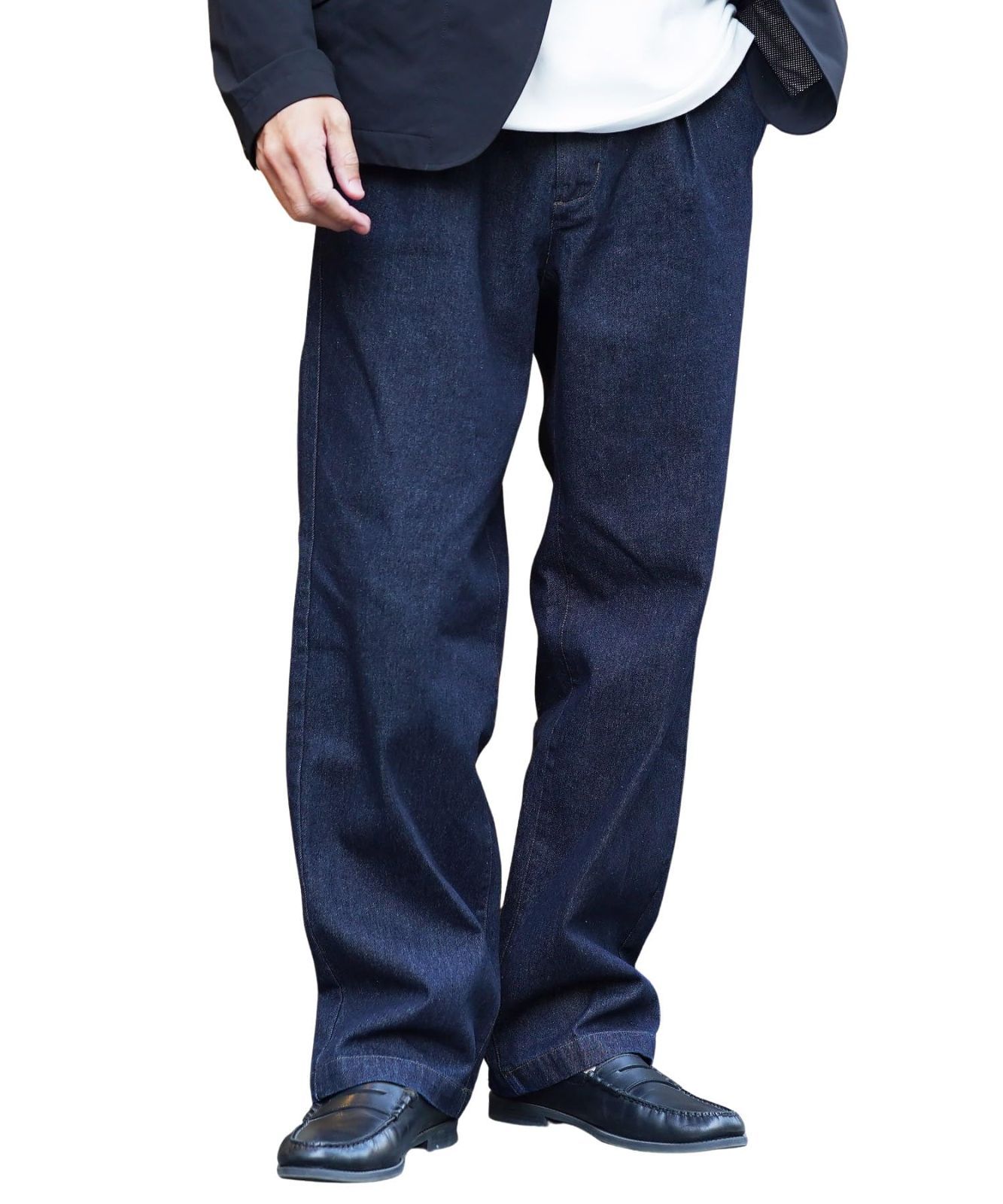 Size L_Color インディゴ JIGGYS SHOP ジギーズショップ ライトオンスデニムタックワイドパンツ｜L インディゴ イージーパンツ 太め ジーンズ Gパン ズボン 黒 イージー ゆったり 流行り 今どき 洗える コットン 綿 快適 万能
