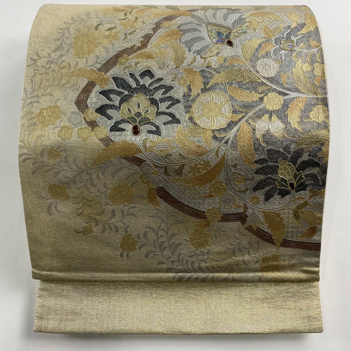 正絹袋帯　螺鈿　正倉院宝物柄 袋帯 美品 秀品 向かい鳥 華文 金彩 螺鈿 金色 お太鼓柄 正絹
