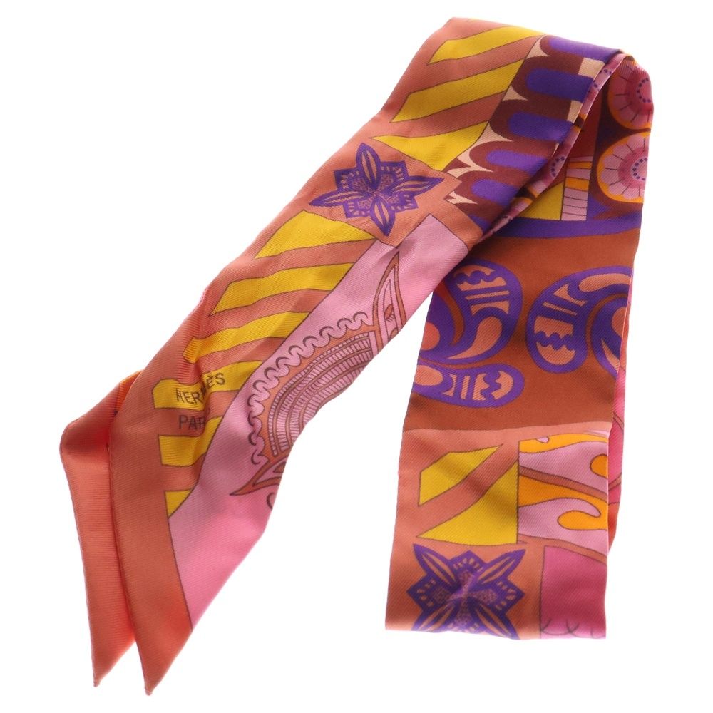 HERMES エルメス Twilly Scarf ツイリースカーフ クレタ 幾何学 オレンジ調
